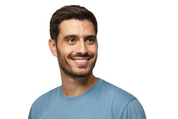 Wall Mural - Close up portrait of smiling handsome male in blue t-shirt looking right