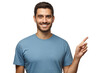 Handsome smiling male in blue t-shirt pointing right with finger