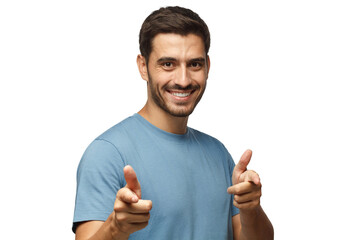 Wall Mural - hey you! young man in blue t-shirt pointing to camera with fingers isolated