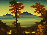 Fototapeta Do pokoju - Fuji Mountain with oil painting effects in canvas. Colorful Autumn Season and Mountain Fuji with morning fog. Japan Destinations