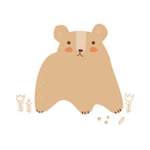 Cute Brown Bear On A White Background. Simple Hand Drawn Vector Illustration With Little Baby Bear Among Flowers Ideal For Card, Poster, Wall Art. Woodland Animal. Kids' Room Printable Decoration