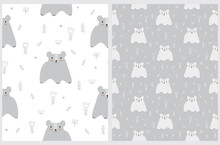 Cute Bear On A White And Light Gray Background. Simple Hand Drawn Vector Seamless Patterns With Little Baby Bear Among Flowers Ideal For Fabric, Textile.Winter Arctic Animal Print. Polar Bear Pattern.