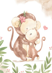 watercolor monkey mother and baby template for nursery, baby shower, invitation for birthday party