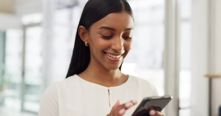 Canvas Print - Happy Indian woman on her phone, social media or online search looking at viral videos at home. Young girl on mobile, smartphone or cellphone on an app, reading chat or internet web scrolling.