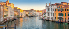 Stunning View Of Grand Canal In Venice At Sunrise, Italy. Summer Holidays. Travel Concept Background.
