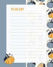 To Do List Notes Template, Lined Paper With Halloween Pumpkin Pattern Hand Drawn. Reminders, Blank, Planners. Vector Illustration