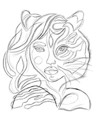 Wall Mural - Sketch of woman tiger half face. Minimalist art, elegant female portrait. Vector illustration