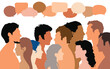 © Hope - The communication of multiethnic people. Crowd talking. Information and ideas sharing. Vector cartoon. A group of people speaking and discussing. Speech bubbles and dialogue. A group of families.
