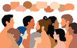 © Hope - People and speech bubble with diversity. Crowd. Character heads looking at the side of several international people talking on social networks. Race equality and communication.