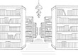 Library shelf graphic black white interior sketch illustration vector 