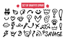 Big Collection Of Graffiti Spray Pattern. Design Symbols, Crown, Thunder, Devil, Skull, Heart, Arrow, Etc. With Spray Texture. Elements On White Background For Banner, Decoration, Street Art And Ads.