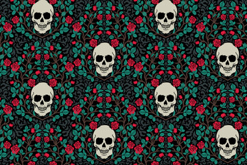 Wall Mural - Skulls and Rose Flowers Goth Pattern