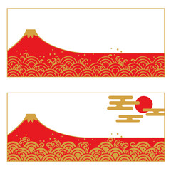 Wall Mural - Mt.Fuji and wave frame illustration set, Japanese traditional pattern.