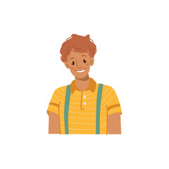 Wall Mural - Portrait of smiling young man, isolated child with pleasing facial expression. Happiness and content, satisfaction and joy. Vector in flat cartoon style