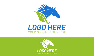 Blue and Green Color Leaf Circle with Negative Space Horse Logo Design