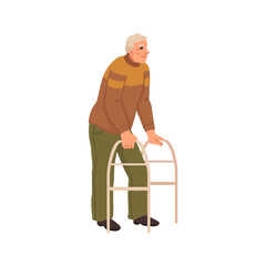 Wall Mural - Nursing home character, isolated senior man with walker cane. Personage with health issues getting care from institutions. Vector in flat cartoon style