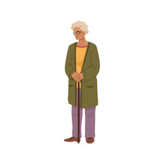 Wall Mural - Elderly woman, isolated senior personage with walking stick. Grandmother with grey hair standing straight, nursing home care. Vector in flat cartoon style