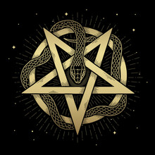 Gold Pentagram Symbol Wrapped By Snake