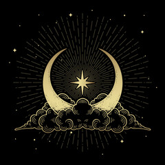 Crescent moon accompanied by clouds and stars