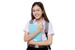 Portrait smiling of teen student girl of Asian ethnicity in university uniform hold backpack. PNG file transparent background.