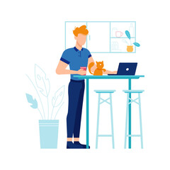 Wall Mural - Freelancer or distant worker working by computer or laptop from home. Man with cup of coffee looking at screen. Personage or character, vector in flat cartoon style