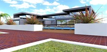 Stunning Project Of A Country Private Estate With A Recreation Area And A Swimming Pool. Stylish Brick Pavement With A White Border. 3d Render.