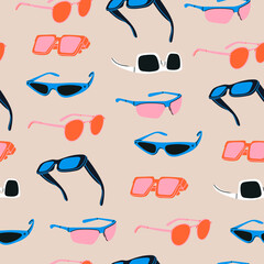 Various Sunglasses. Different shapes, colors. Plastic, metal frames. Hand drawn modern Vector illustration. Summer fashion accessories, sun protection concept. Square seamless Pattern