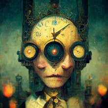 Science Fiction Fantasy: Humanoid Robotic Sundial Clock In Steampunk Style Made With Generative AI