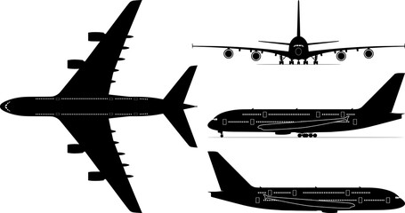 Set of four passenger jetliner illustrations (Airbus A380) isolated on transparent background.	