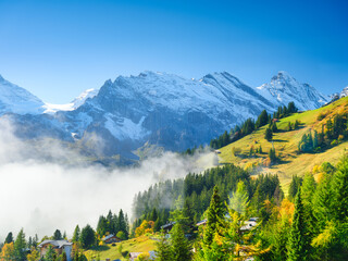 Wall Mural - a village in switzerland. a sunny day and a mountain valley. houses against a mountain backdrop. mea