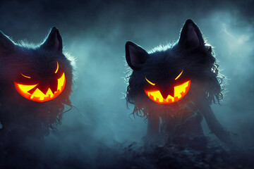 Wall Mural -  halloween cute werewolf sisters digital illustration, generative ai