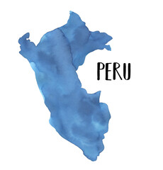 peru map watercolour illustration with artistic brush strokes and blue color gradient. hand painted 