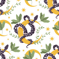 Wall Mural - Snake and moon floral seamless pattern. Vector flower magic snakes mystic boho background modern white art.