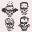 Set Halloween skulls monochrome logotypes