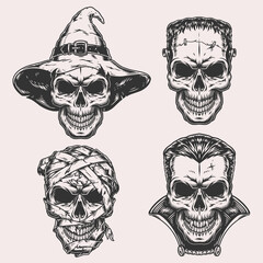 Sticker - Set Halloween skulls monochrome logotypes