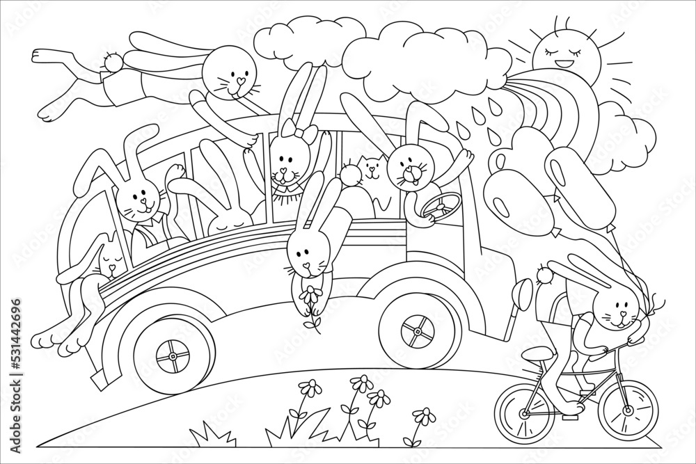 Bunnies travel by bus and bike. Coloring page with funny rabbits ...