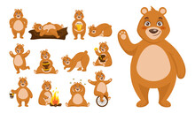 Animal Character. Funny Bear Actions. Happy Creature Sleeping On Wood And Eating Honey. Forest Wildlife. Thinking And Dancing. Grizzly With Orange Fire. Vector Cartoon Mammal Activities Set