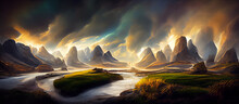 3D Illustration. Beautiful Mountain And River Landscape With Watercolor Painting Style And Dramatic Sky Background