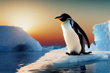 Wall Mural - Emperor penguins on the ice in the Antarctic. Cold Antarctic and ice blocks. 3D rendering