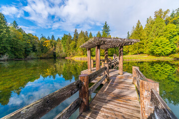 Wall Mural - day lodge with a dock, amazing lakefront views. fall colors in the silver lake campground, fall time