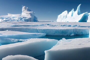 Wall Mural - A sunny day in cold Antarctica. Antarctic icebergs. Reflection of icebergs in clear deep transparent water. 3D rendering