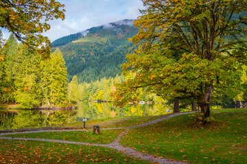Wall Mural - footpath along autumn lake. fall colors in silver lake campground, fall time, north cascades region