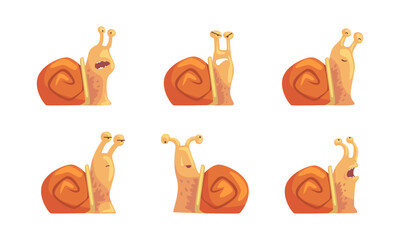 Emotions of funny snail set. Brown helix with bored, frightened, angry and sleepy face expression cartoon vector illustration