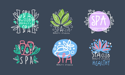 Sticker - Spa club, beauty studio badges, labels set. Cosmetics store, wellness center, organic health care products logo hand drawn vector