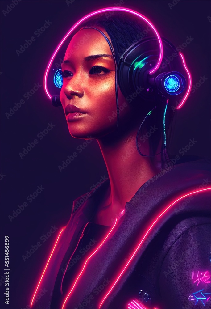 A realistic portrait of a ebony girl wearing a cyberpunk headset and ...