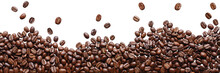A Lot Of Brown Coffee Beans Lies And Levitates, Flat Lay, Grains Isolated, On A White Background