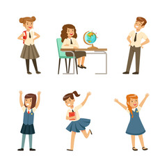 Wall Mural - Cute happy elementary school students in uniform set. Back to school concept cartoon vector illustration