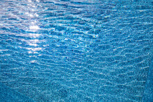 Blue Shadows Of Pool With Steps Into, Sunny Summer Mood. Ripples Water Surface, Fun Recreational Outdoor Sport Background. Abstract Swimming Aqua Texture, Natural Pattern