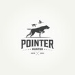 silhouette pointer dog hunting badge logo template vector illustration design. duck above pointer dog hunting equipment emblem logo concept