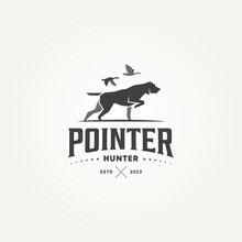 Silhouette Pointer Dog Hunting Badge Logo Template Vector Illustration Design. Duck Above Pointer Dog Hunting Equipment Emblem Logo Concept